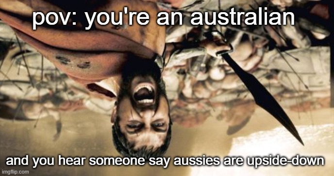 i'm an australian btw | pov: you're an australian; and you hear someone say aussies are upside-down | image tagged in memes,sparta leonidas | made w/ Imgflip meme maker