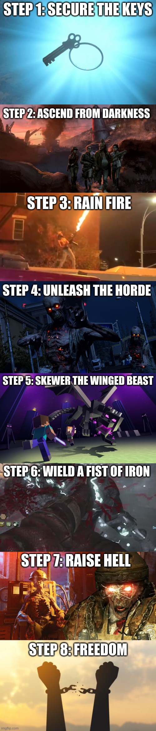 The 8 Steps of Vorkuta | STEP 1: SECURE THE KEYS; STEP 2: ASCEND FROM DARKNESS; STEP 3: RAIN FIRE; STEP 4: UNLEASH THE HORDE; STEP 5: SKEWER THE WINGED BEAST; STEP 6: WIELD A FIST OF IRON; STEP 7: RAISE HELL; STEP 8: FREEDOM | image tagged in call of duty | made w/ Imgflip meme maker