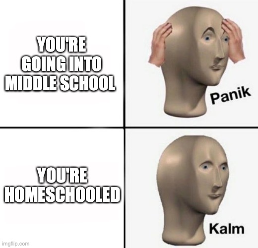 panik kalm | YOU'RE GOING INTO MIDDLE SCHOOL; YOU'RE HOMESCHOOLED | image tagged in panik kalm | made w/ Imgflip meme maker