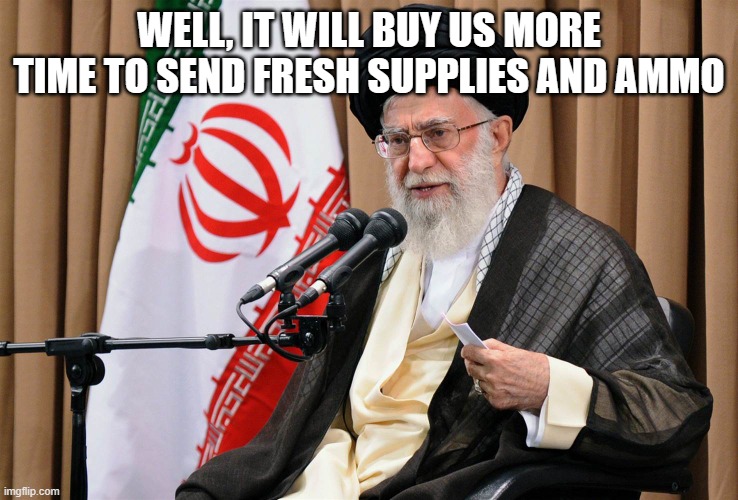 Iran travel ban | WELL, IT WILL BUY US MORE TIME TO SEND FRESH SUPPLIES AND AMMO | image tagged in iran travel ban | made w/ Imgflip meme maker