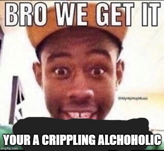 BRO WE GET IT YOU'RE GAY | YOUR A CRIPPLING ALCHOHOLIC | image tagged in bro we get it you're gay | made w/ Imgflip meme maker