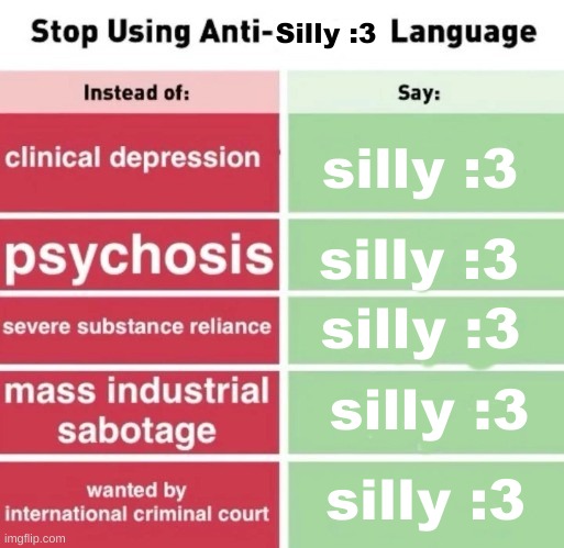 I am a little silly :3 | Silly :3; silly :3; silly :3; silly :3; silly :3; silly :3 | image tagged in stop using anti | made w/ Imgflip meme maker