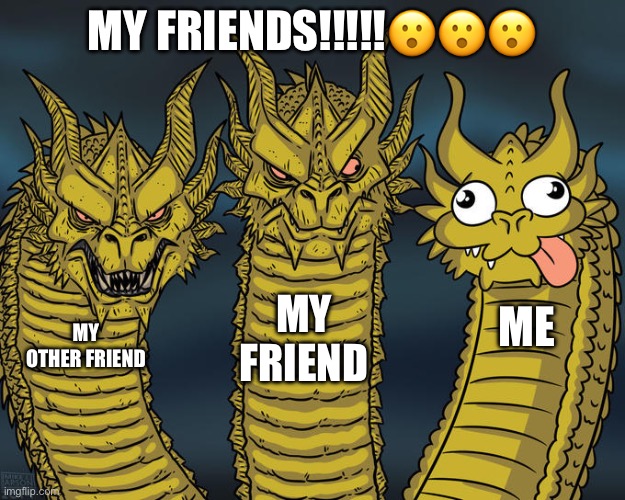 Three-headed Dragon | MY FRIENDS!!!!!😮😮😮; MY FRIEND; ME; MY OTHER FRIEND | image tagged in three-headed dragon | made w/ Imgflip meme maker