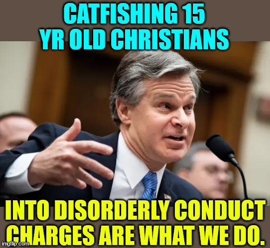 Chris Wray FBI | CATFISHING 15 YR OLD CHRISTIANS INTO DISORDERLY CONDUCT CHARGES ARE WHAT WE DO. | image tagged in chris wray fbi | made w/ Imgflip meme maker