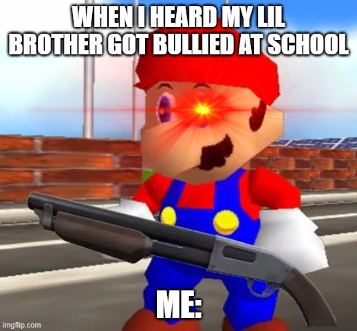 u made mar10 mad | WHEN I HEARD MY LIL BROTHER GOT BULLIED AT SCHOOL; ME: | image tagged in smg4 shotgun mario | made w/ Imgflip meme maker