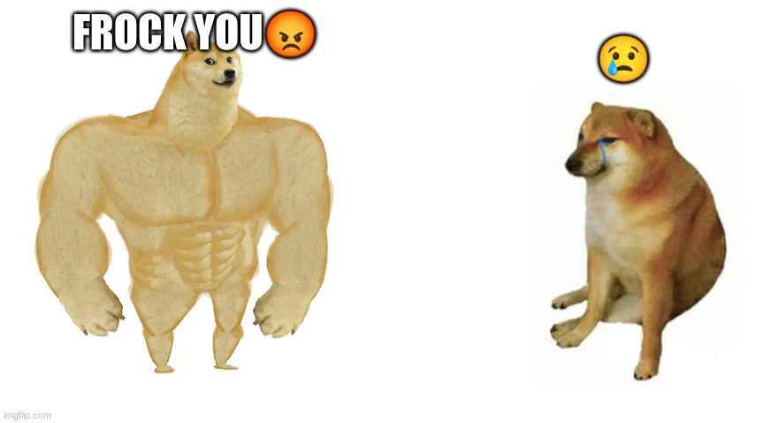 Buff Doge vs Crying Cheems | FROCK YOU? ? | image tagged in buff doge vs crying cheems | made w/ Imgflip meme maker
