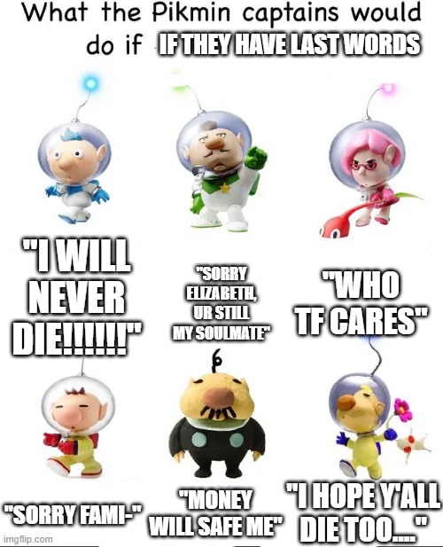What would the pikmin captains do if | IF THEY HAVE LAST WORDS; "WHO TF CARES"; "I WILL NEVER DIE!!!!!!"; "SORRY ELIZABETH, UR STILL MY SOULMATE"; "MONEY WILL SAFE ME"; "I HOPE Y'ALL DIE TOO...."; "SORRY FAMI-" | image tagged in what would the pikmin captains do if | made w/ Imgflip meme maker