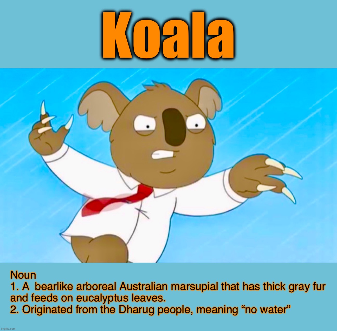 Word of the day “K” | Koala; Noun
1. A  bearlike arboreal Australian marsupial that has thick gray fur and feeds on eucalyptus leaves.
2. Originated from the Dharug people, meaning “no water” | image tagged in koala,angry koala,memes,word of the day,american dad | made w/ Imgflip meme maker