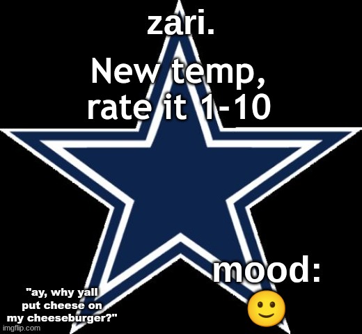 zari.'s Dallas Cowboys announcement temp | New temp, rate it 1-10; 🙂 | image tagged in zari 's dallas cowboys announcement temp | made w/ Imgflip meme maker