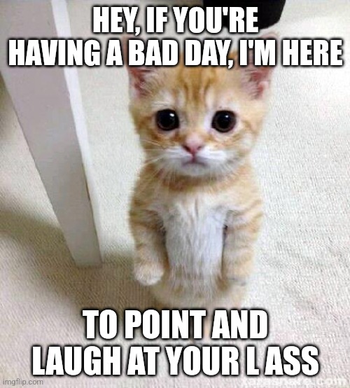 Cute Cat Meme | HEY, IF YOU'RE HAVING A BAD DAY, I'M HERE; TO POINT AND LAUGH AT YOUR L ASS | image tagged in memes,cute cat | made w/ Imgflip meme maker