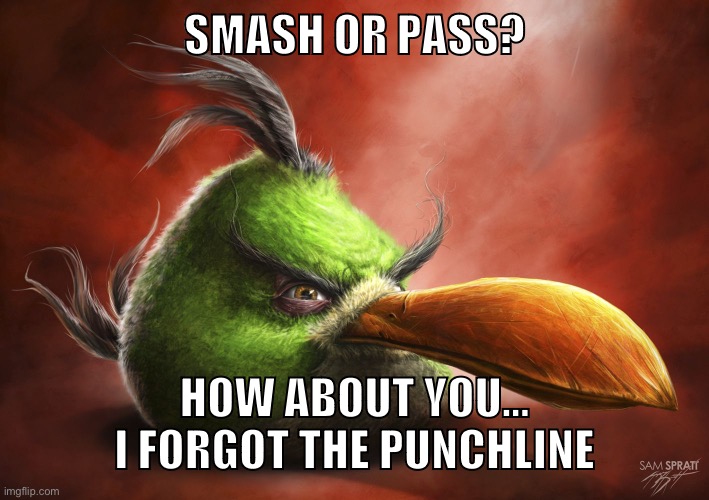 l | SMASH OR PASS? HOW ABOUT YOU… I FORGOT THE PUNCHLINE | image tagged in realistic angry bird | made w/ Imgflip meme maker