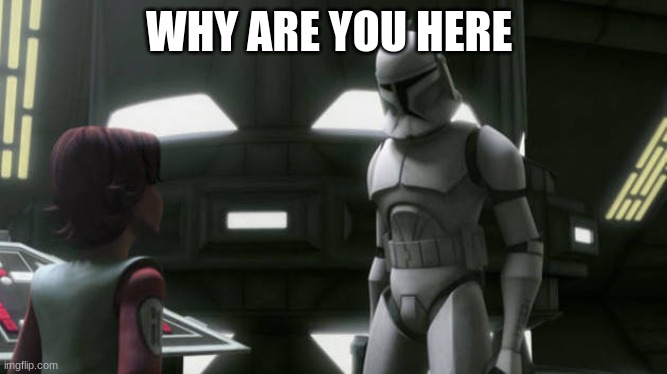 clone trooper | WHY ARE YOU HERE | image tagged in clone trooper | made w/ Imgflip meme maker