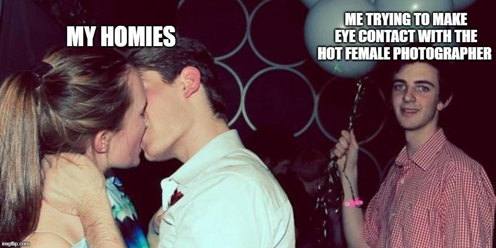 Third Wheel  Or Spare Tire =D | ME TRYING TO MAKE EYE CONTACT WITH THE HOT FEMALE PHOTOGRAPHER; MY HOMIES | image tagged in third wheel or spare tire d,third wheel,homies | made w/ Imgflip meme maker