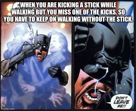 Has this ever happened to you? | WHEN YOU ARE KICKING A STICK WHILE WALKING BUT YOU MISS ONE OF THE KICKS. SO YOU HAVE TO KEEP ON WALKING WITHOUT THE STICK. | image tagged in batman don't leave me | made w/ Imgflip meme maker