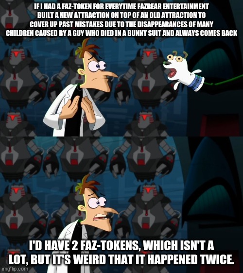 if i had a nickel for everytime | IF I HAD A FAZ-TOKEN FOR EVERYTIME FAZBEAR ENTERTAINMENT BUILT A NEW ATTRACTION ON TOP OF AN OLD ATTRACTION TO COVER UP PAST MISTAKES DUE TO THE DISAPPEARANCES OF MANY CHILDREN CAUSED BY A GUY WHO DIED IN A BUNNY SUIT AND ALWAYS COMES BACK; I'D HAVE 2 FAZ-TOKENS, WHICH ISN'T A LOT, BUT IT'S WEIRD THAT IT HAPPENED TWICE. | image tagged in if i had a nickel for everytime,fnaf,william afton | made w/ Imgflip meme maker
