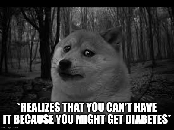 Very sad doge | *REALIZES THAT YOU CAN'T HAVE IT BECAUSE YOU MIGHT GET DIABETES* | image tagged in very sad doge | made w/ Imgflip meme maker
