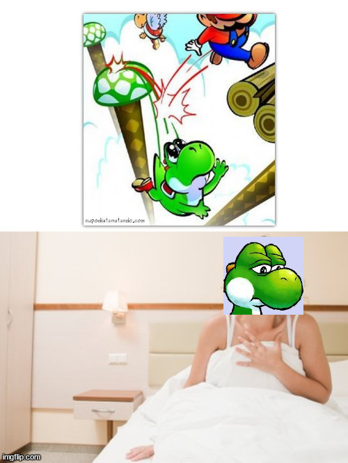 poor yoshi, thank goodness he dreamt about mario dismounting him. | image tagged in waking up from a nightmare,yoshi,dream,nightmare,just a dream | made w/ Imgflip meme maker