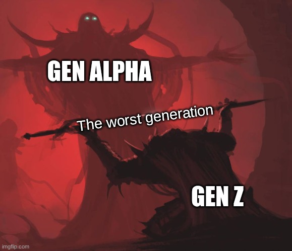 OH NO | GEN ALPHA; The worst generation; GEN Z | image tagged in man giving sword to larger man | made w/ Imgflip meme maker