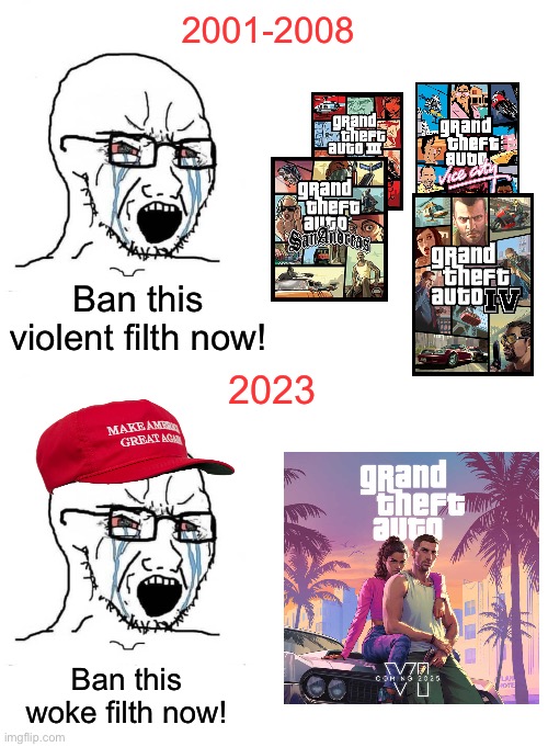My oh my how the turn tables. | 2001-2008; Ban this violent filth now! 2023; Ban this woke filth now! | image tagged in soyboy vs yes chad,gta,woke,violence,video games | made w/ Imgflip meme maker