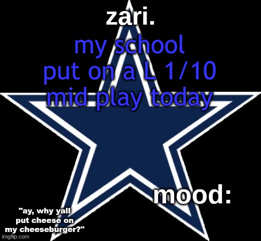 zari.'s Dallas Cowboys announcement temp | my school put on a L 1/10 mid play today | image tagged in zari 's dallas cowboys announcement temp | made w/ Imgflip meme maker