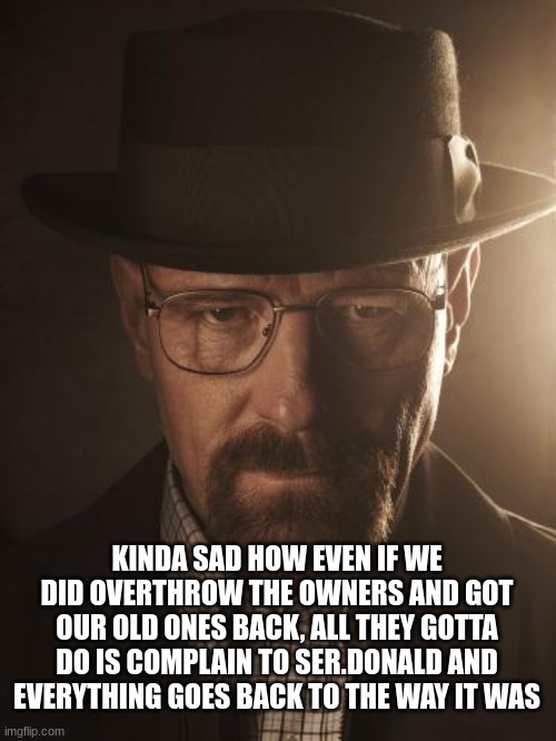 Walter White | KINDA SAD HOW EVEN IF WE DID OVERTHROW THE OWNERS AND GOT OUR OLD ONES BACK, ALL THEY GOTTA DO IS COMPLAIN TO SER.DONALD AND EVERYTHING GOES BACK TO THE WAY IT WAS | image tagged in walter white | made w/ Imgflip meme maker