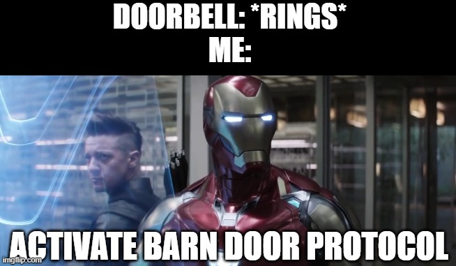 Activate Barn Door Protocol | DOORBELL: *RINGS*
ME:; ACTIVATE BARN DOOR PROTOCOL | image tagged in iron man,barn door protocol,avengers endgame,introvert | made w/ Imgflip meme maker