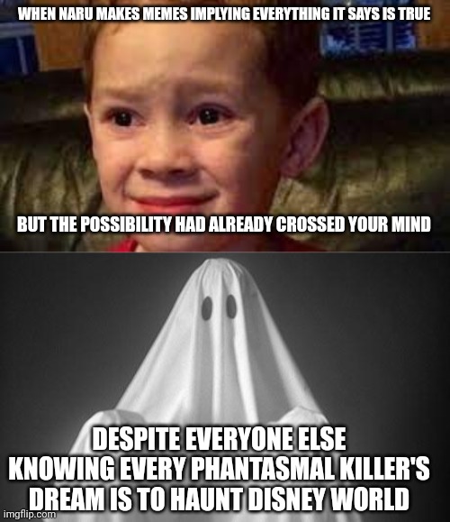 WHEN NARU MAKES MEMES IMPLYING EVERYTHING IT SAYS IS TRUE; BUT THE POSSIBILITY HAD ALREADY CROSSED YOUR MIND; DESPITE EVERYONE ELSE KNOWING EVERY PHANTASMAL KILLER'S DREAM IS TO HAUNT DISNEY WORLD | image tagged in embarrassed child,ghost | made w/ Imgflip meme maker