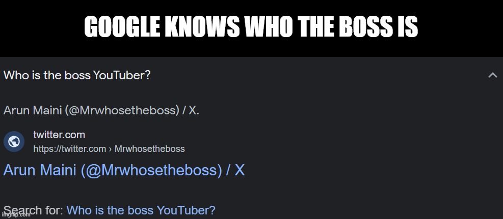 What does Google know that we don't? | GOOGLE KNOWS WHO THE BOSS IS | image tagged in youtuber,boss,mrwhosetheboss,google | made w/ Imgflip meme maker