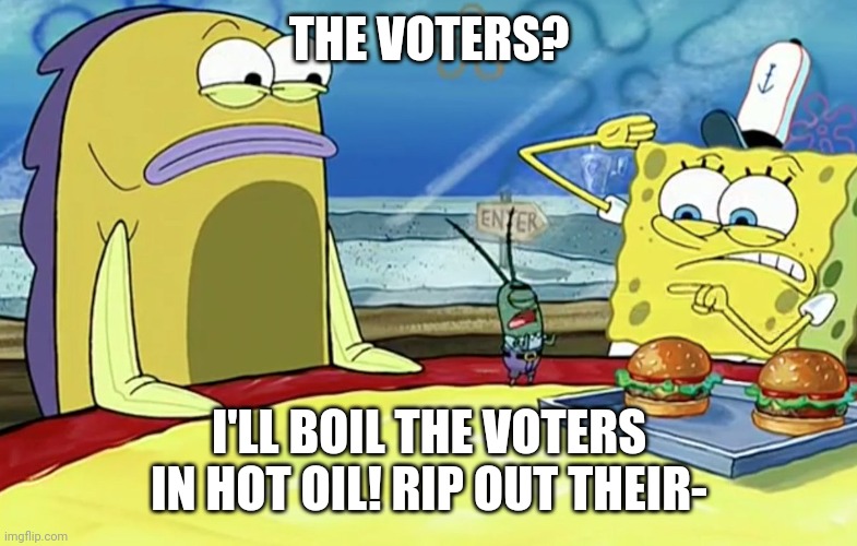 THE VOTERS? I'LL BOIL THE VOTERS IN HOT OIL! RIP OUT THEIR- | made w/ Imgflip meme maker