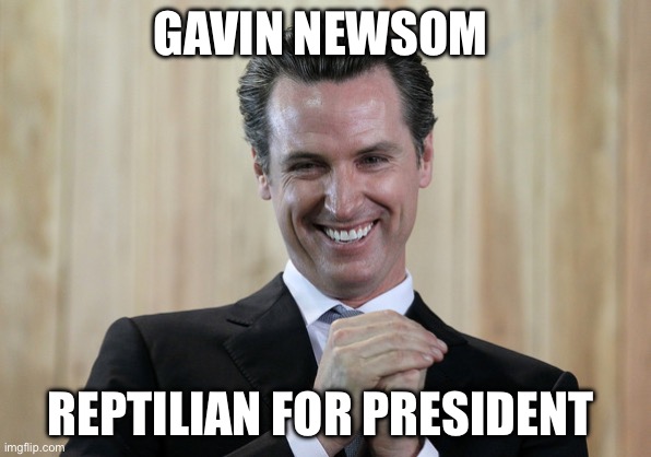 The 1st Reptilian President | GAVIN NEWSOM; REPTILIAN FOR PRESIDENT | image tagged in scheming gavin newsom,reptilians | made w/ Imgflip meme maker