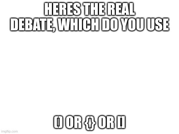 meme | HERES THE REAL DEBATE, WHICH DO YOU USE; () OR {} OR [] | image tagged in mem | made w/ Imgflip meme maker