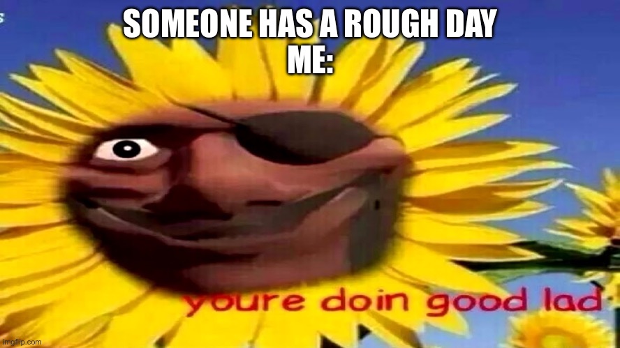Take a wholesome meme | SOMEONE HAS A ROUGH DAY
ME: | image tagged in your doing good lad,wholesome | made w/ Imgflip meme maker
