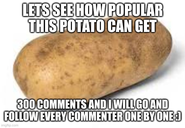 make me proud guys | LETS SEE HOW POPULAR THIS POTATO CAN GET; 300 COMMENTS AND I WILL GO AND FOLLOW EVERY COMMENTER ONE BY ONE :) | image tagged in i am a potato | made w/ Imgflip meme maker