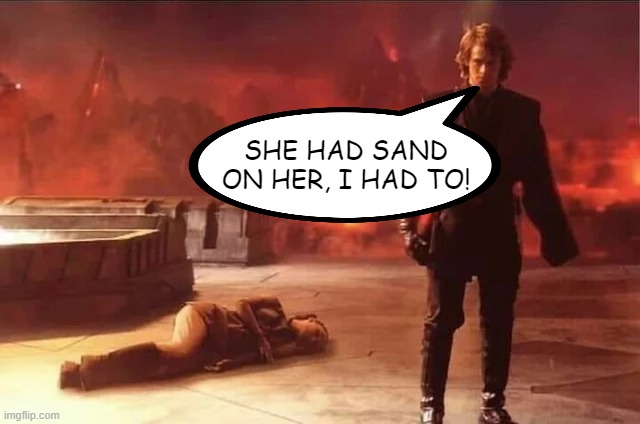 Sandy not Padme | SHE HAD SAND ON HER, I HAD TO! | image tagged in star wars,padme | made w/ Imgflip meme maker