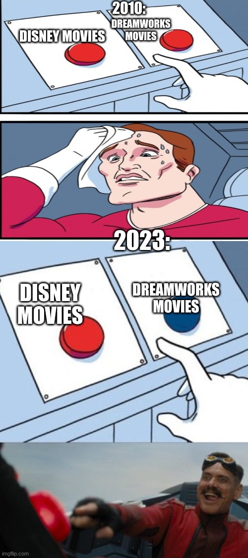 They used to be close, now it is a no-brainer | 2010:; DISNEY MOVIES; DREAMWORKS MOVIES; 2023:; DREAMWORKS MOVIES; DISNEY MOVIES | image tagged in memes,funny,so true,so true memes,so true meme,stop reading the tags | made w/ Imgflip meme maker