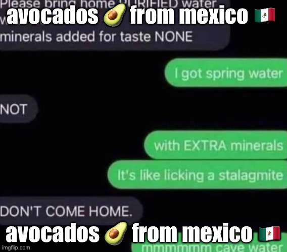 I found the copypasta | avocados 🥑 from mexico 🇲🇽; avocados 🥑 from mexico 🇲🇽 | image tagged in cave water | made w/ Imgflip meme maker