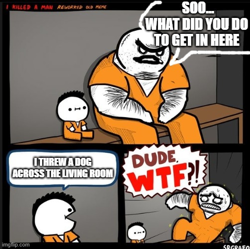 Srgrafo dude wtf | SOO... WHAT DID YOU DO TO GET IN HERE I THREW A DOG ACROSS THE LIVING ROOM | image tagged in srgrafo dude wtf | made w/ Imgflip meme maker