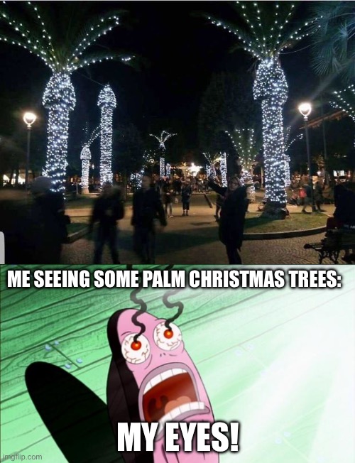 19 days left until Christmas 2023! | ME SEEING SOME PALM CHRISTMAS TREES:; MY EYES! | image tagged in spongebob my eyes,memes,christmas,funny,tropical,design fails | made w/ Imgflip meme maker