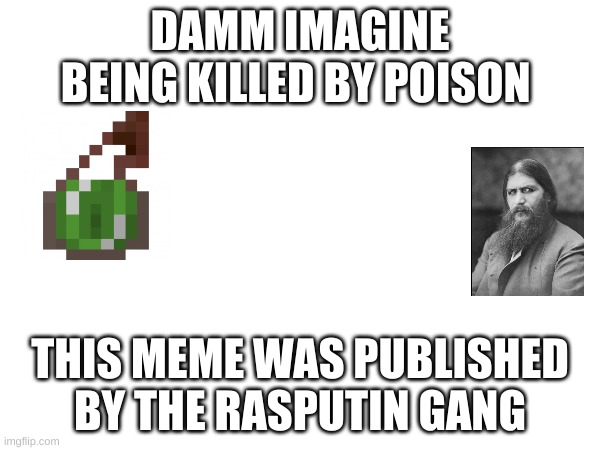 on if | DAMM IMAGINE BEING KILLED BY POISON; THIS MEME WAS PUBLISHED BY THE RASPUTIN GANG | image tagged in history,funny,memes,poison,lol | made w/ Imgflip meme maker