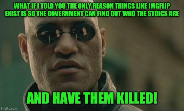 Matrix Morpheus | WHAT IF I TOLD YOU THE ONLY REASON THINGS LIKE IMGFLIP EXIST IS SO THE GOVERNMENT CAN FIND OUT WHO THE STOICS ARE; AND HAVE THEM KILLED! | image tagged in memes,matrix morpheus | made w/ Imgflip meme maker