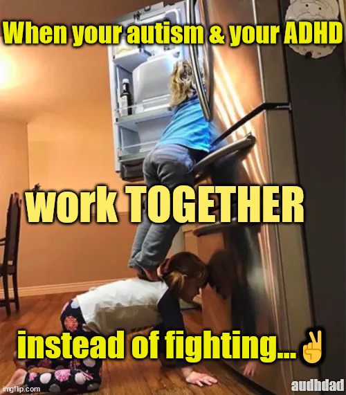When your autism & your ADHD work TOGETHER | When your autism & your ADHD; work TOGETHER; instead of fighting...✌️; audhdad | image tagged in memes,fridge,kids,adhd,autism,audhd | made w/ Imgflip meme maker