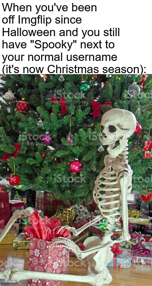*cough* me... | When you've been off Imgflip since Halloween and you still have "Spooky" next to your normal username (it's now Christmas season): | image tagged in skelton waiting by christmas tree | made w/ Imgflip meme maker
