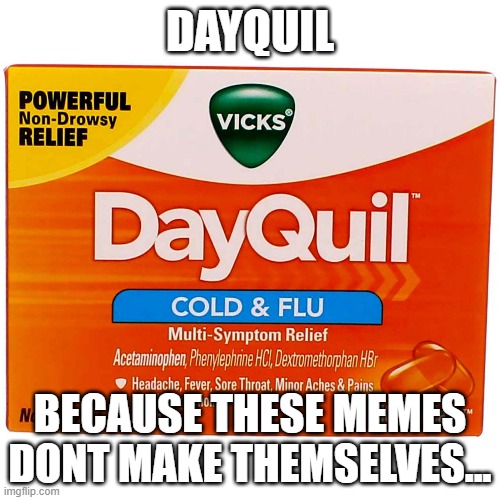 dayquil | DAYQUIL; BECAUSE THESE MEMES DONT MAKE THEMSELVES... | image tagged in funny | made w/ Imgflip meme maker