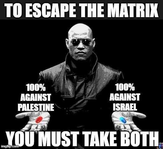 Red Blue Pill | TO ESCAPE THE MATRIX; 100%
AGAINST
PALESTINE; 100%
AGAINST
ISRAEL; YOU MUST TAKE BOTH | image tagged in matrix morpheus offer,israel,palestine,war,nwo,military industrial complex | made w/ Imgflip meme maker
