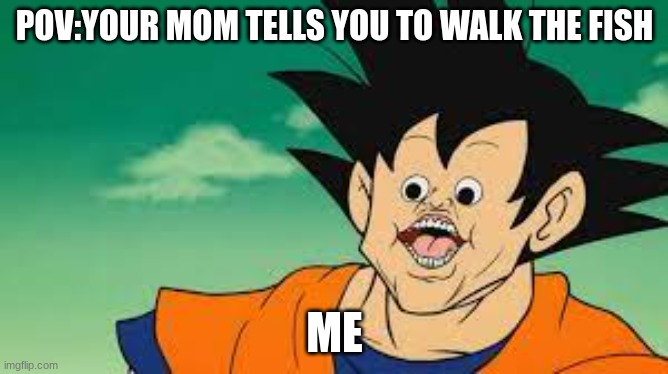 when your mom tell you to walk the fish | POV:YOUR MOM TELLS YOU TO WALK THE FISH; ME | image tagged in funny | made w/ Imgflip meme maker