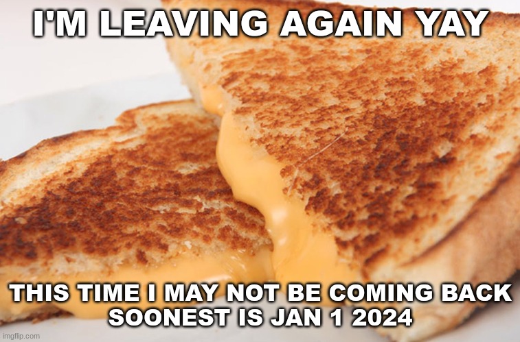 personal reasons | I'M LEAVING AGAIN YAY; THIS TIME I MAY NOT BE COMING BACK
SOONEST IS JAN 1 2024 | image tagged in grilled cheese | made w/ Imgflip meme maker