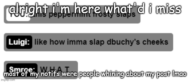 ye | alright i'm here what'd i miss; most of my notifs were people whining about my post lmao | made w/ Imgflip meme maker