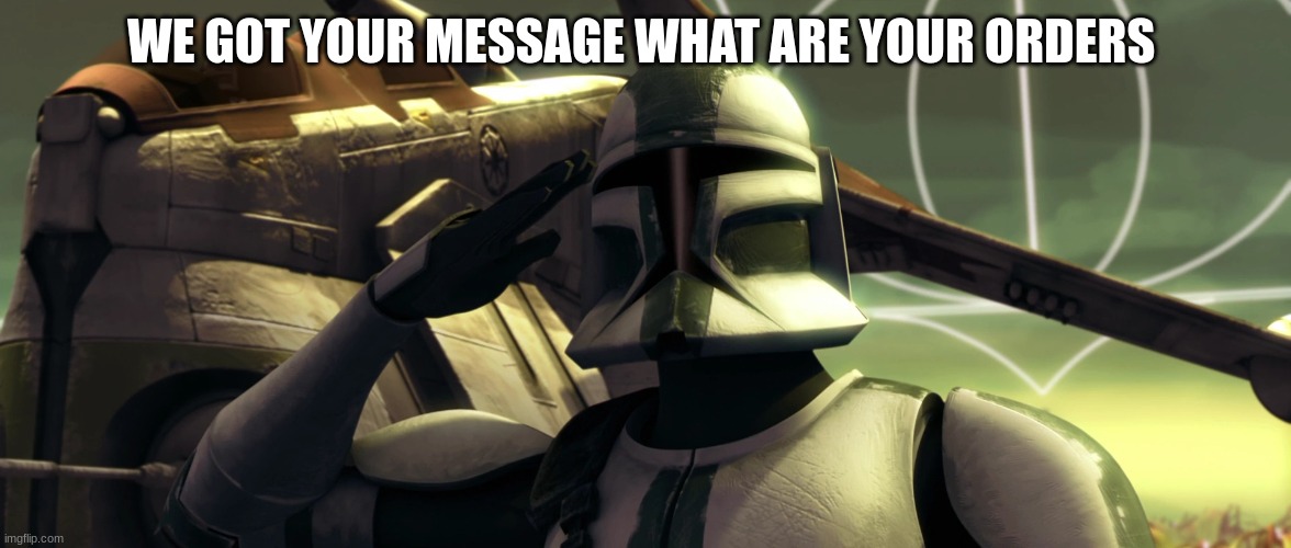 clone trooper | WE GOT YOUR MESSAGE WHAT ARE YOUR ORDERS | image tagged in clone trooper | made w/ Imgflip meme maker