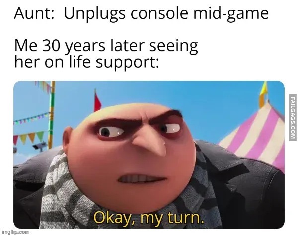 bro aunt cass, u flippin unplugged me during FORTNITE | image tagged in ok my turn | made w/ Imgflip meme maker