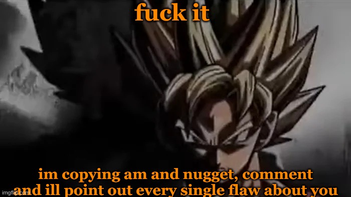 we makin it out of reckless railway with this one ? | fuck it; im copying am and nugget, comment and ill point out every single flaw about you | image tagged in goku staring | made w/ Imgflip meme maker
